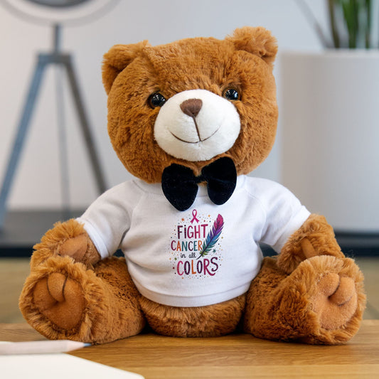"Fight Cancer in All Colors" Message Teddy Bear |  Support Gift for Fighter, Survivor, or Loved One | Inspirational Plush Toy