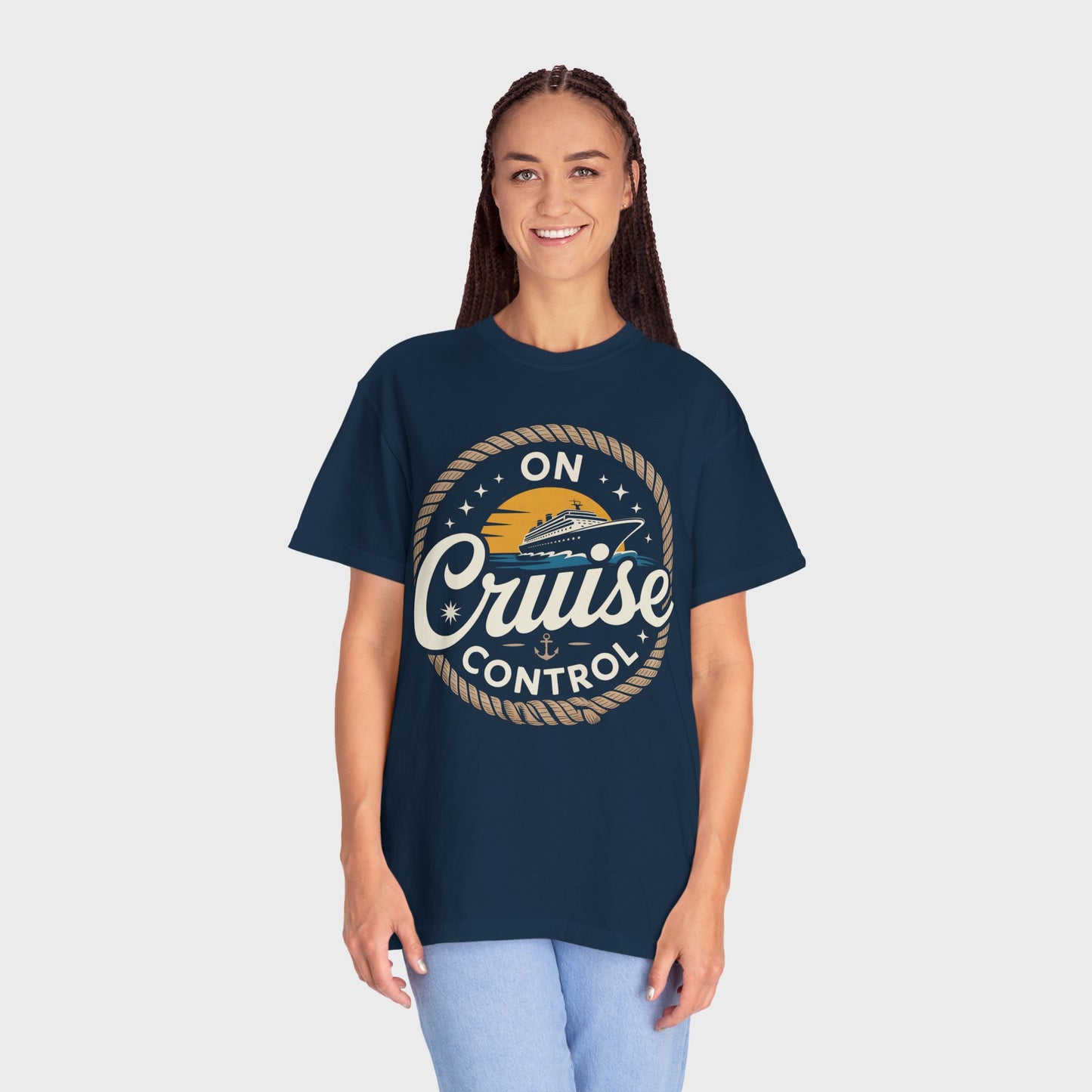 On Cruise Control T-Shirt | Nautical Rope Sunset Graphic Travel Vacation Tee