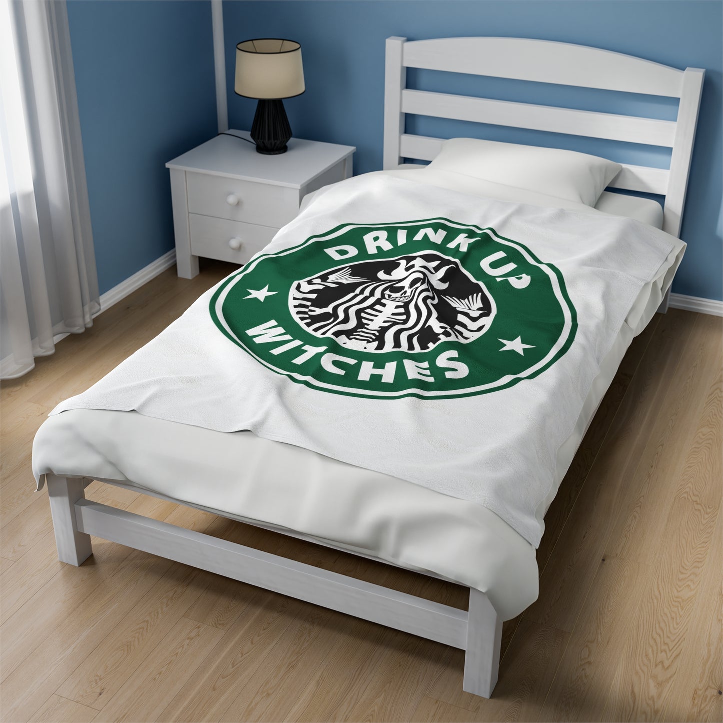 Funny Cozy Sofa Velveteen Plush Blanket Drink up Witches Skeleton Starbucks Fan