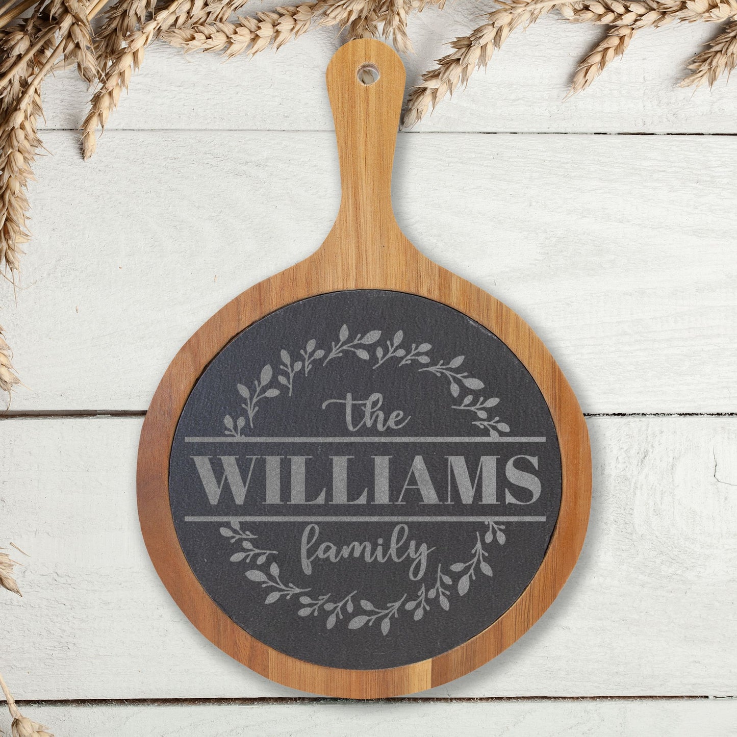 Personalized Engraved Charcuterie Board with Slate Insert — Custom Family Name Gift Idea