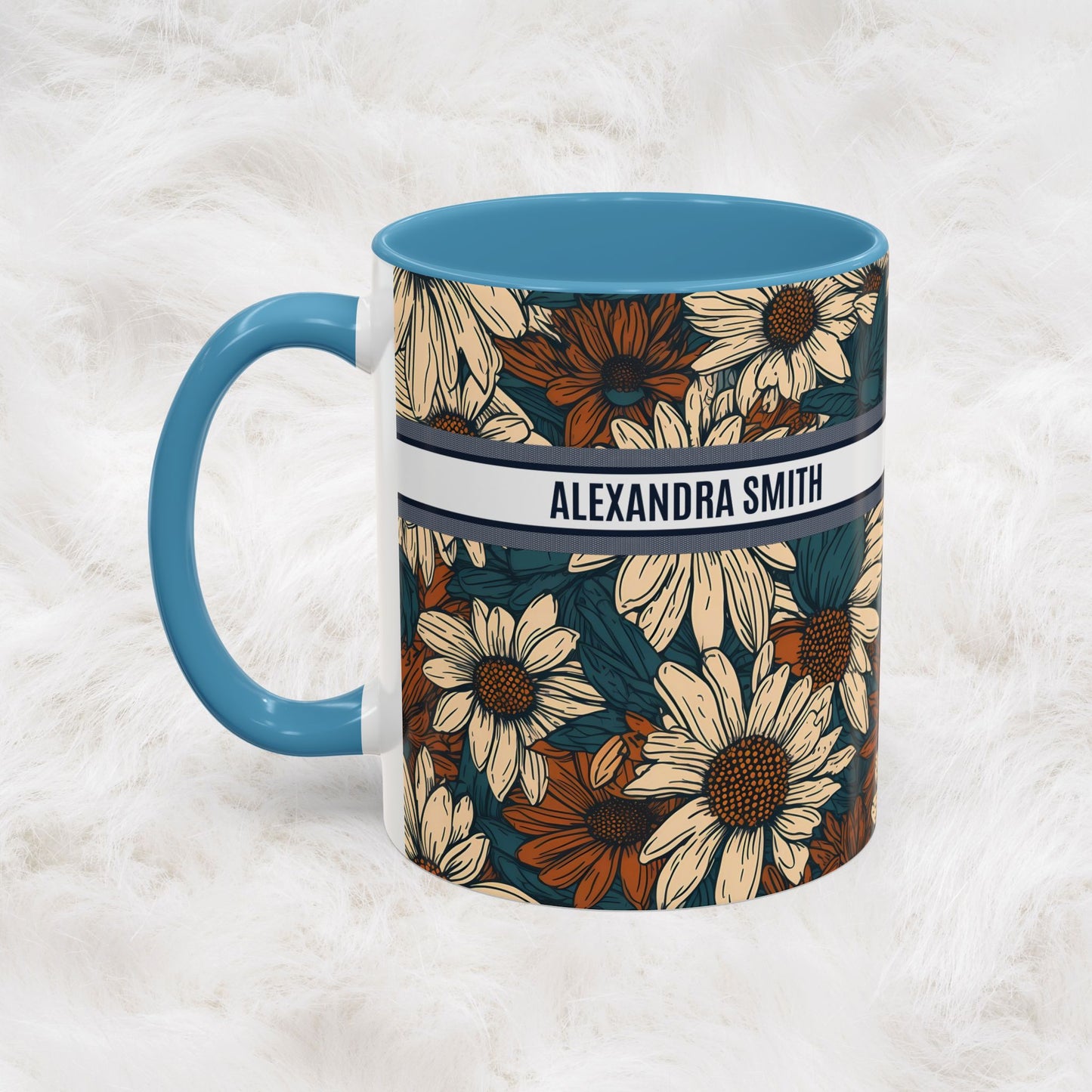Personalized Name Text Daisy Floral Luxury Vintage Toile De Jouy French Pattern Accent Coffee Tea Mug