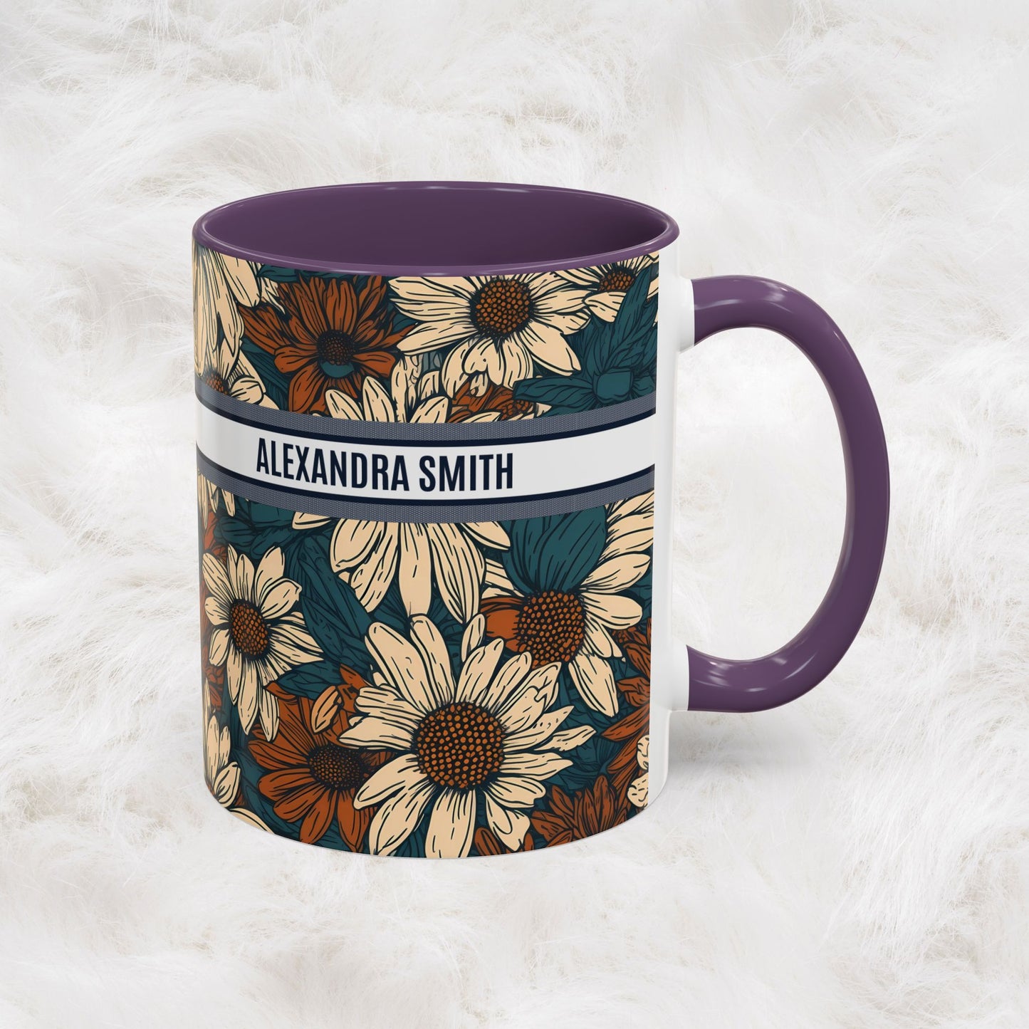 Personalized Name Text Daisy Floral Luxury Vintage Toile De Jouy French Pattern Accent Coffee Tea Mug