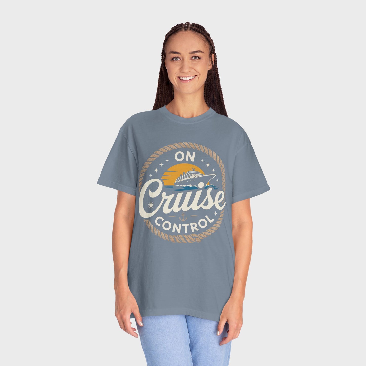 On Cruise Control T-Shirt | Nautical Rope Sunset Graphic Travel Vacation Tee