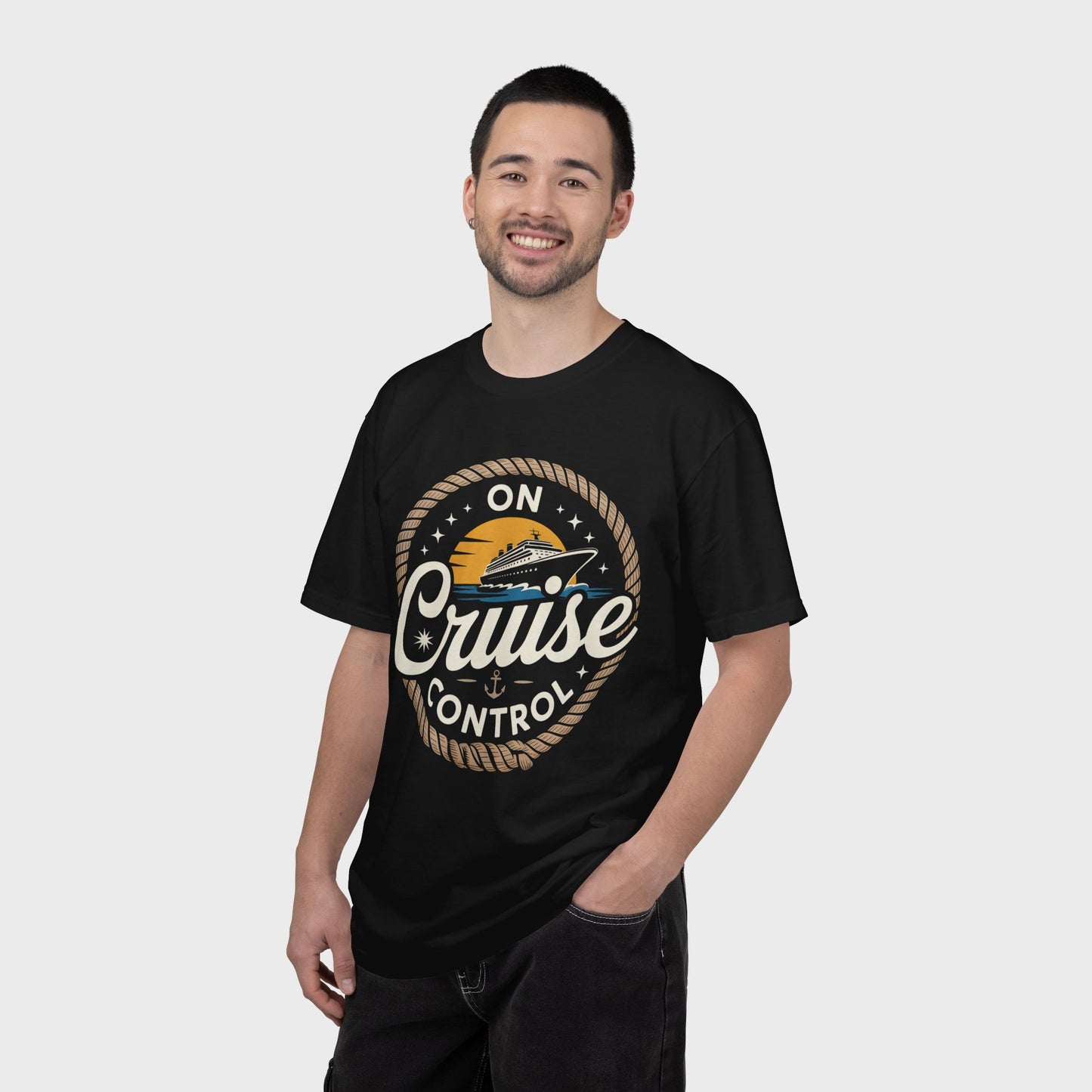 On Cruise Control T-Shirt | Nautical Rope Sunset Graphic Travel Vacation Tee