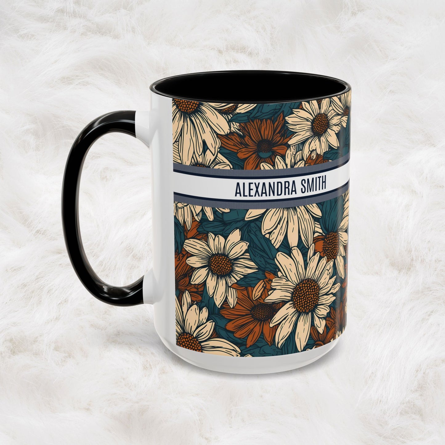 Personalized Name Text Daisy Floral Luxury Vintage Toile De Jouy French Pattern Accent Coffee Tea Mug