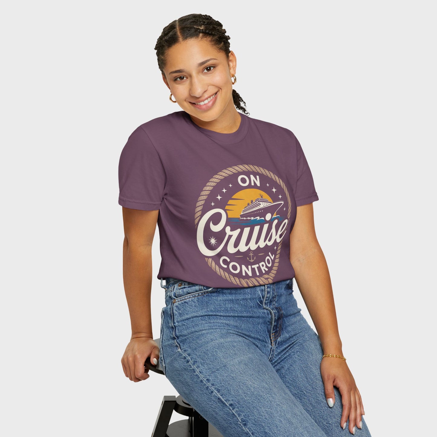On Cruise Control T-Shirt | Nautical Rope Sunset Graphic Travel Vacation Tee