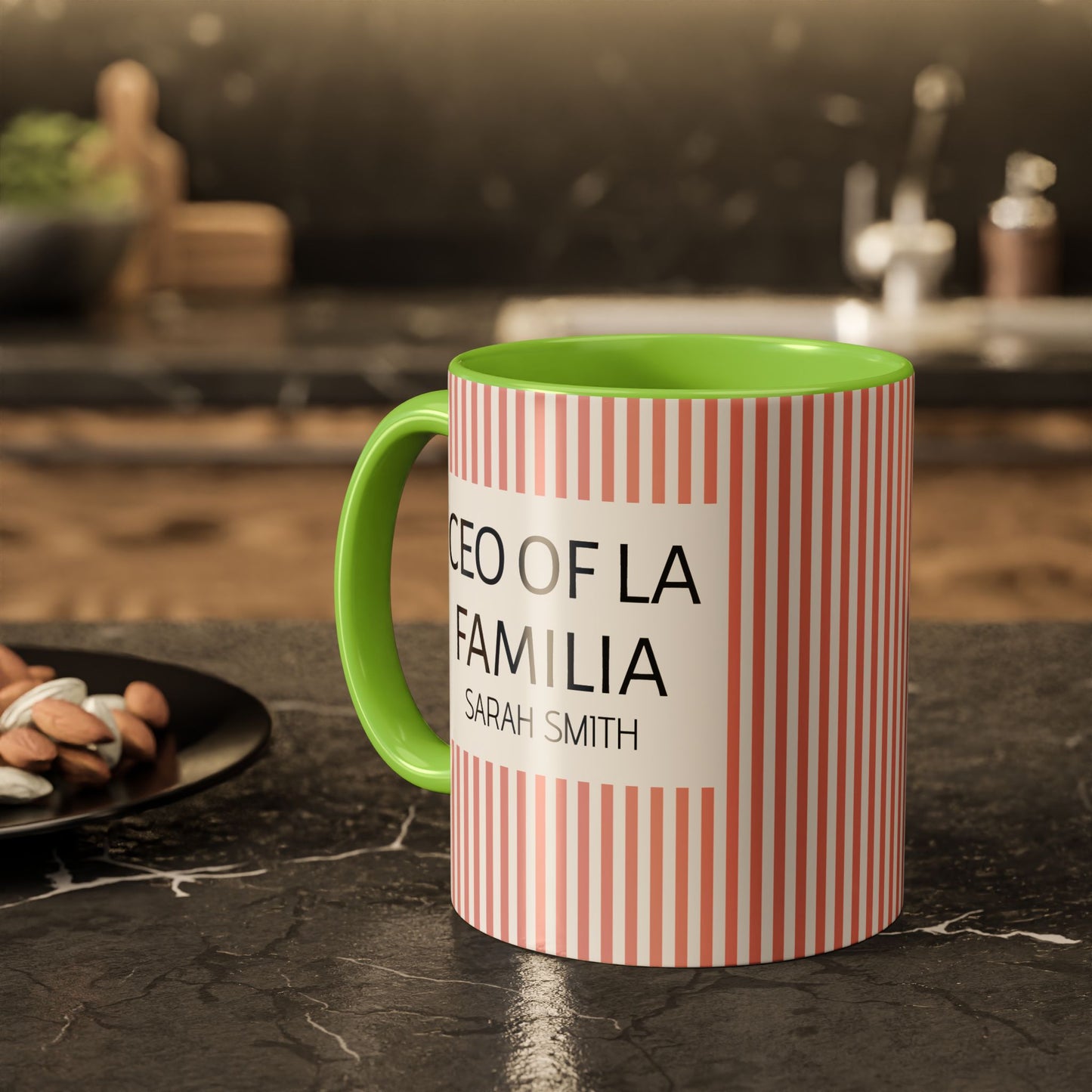 Personalized Name Pink Striped Coffee Tea Mug | Meaningful CEO of La Familia Gift for Mom, Wife, Women