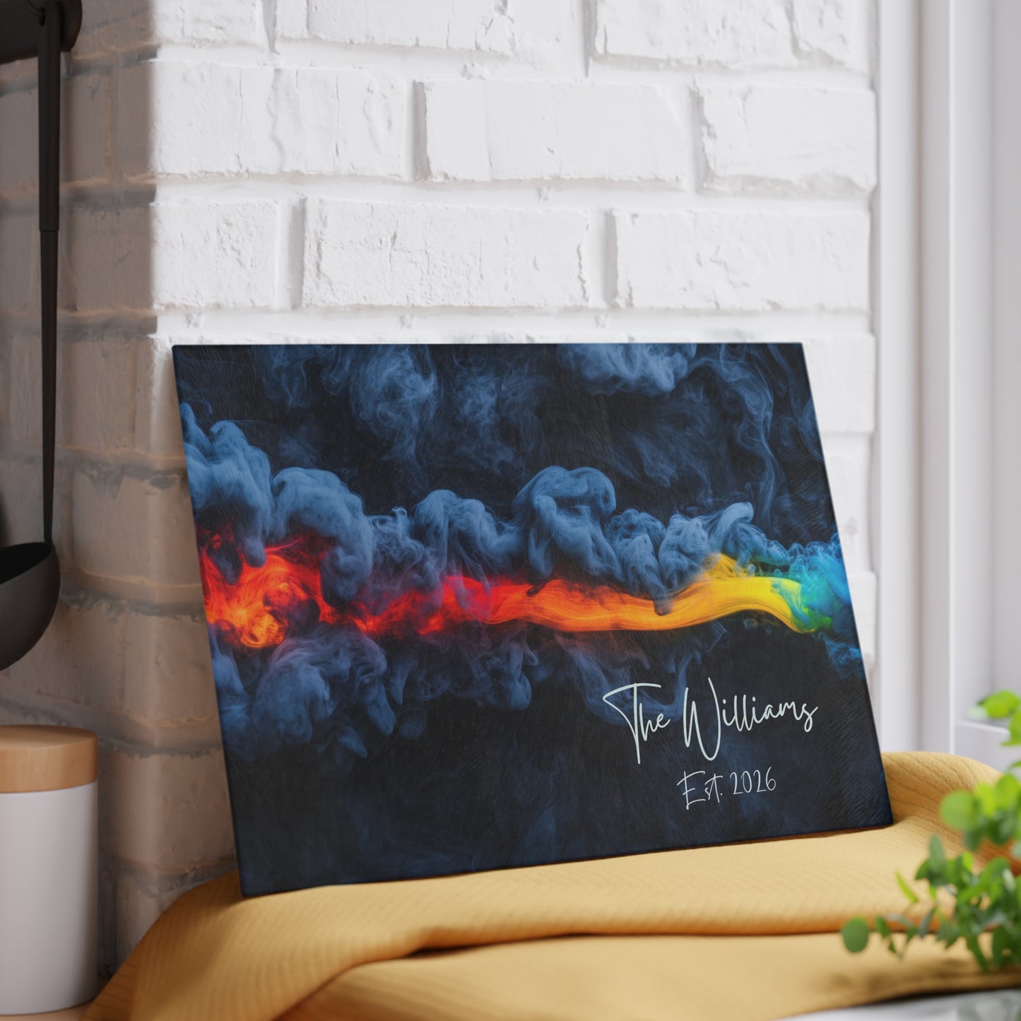 Personalized Custom Name & Established Date Rainbow Smoke Glass Cutting Board | Wedding, Anniversary, New House, Kitchen Decor Souvenir Gift