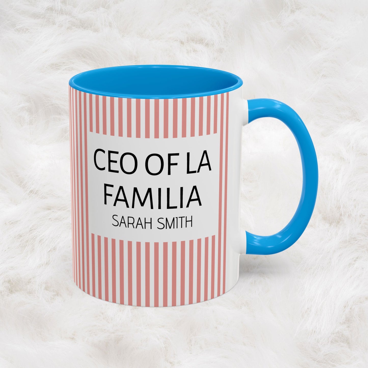 Personalized Name Pink Striped Coffee Tea Mug | Meaningful CEO of La Familia Gift for Mom, Wife, Women