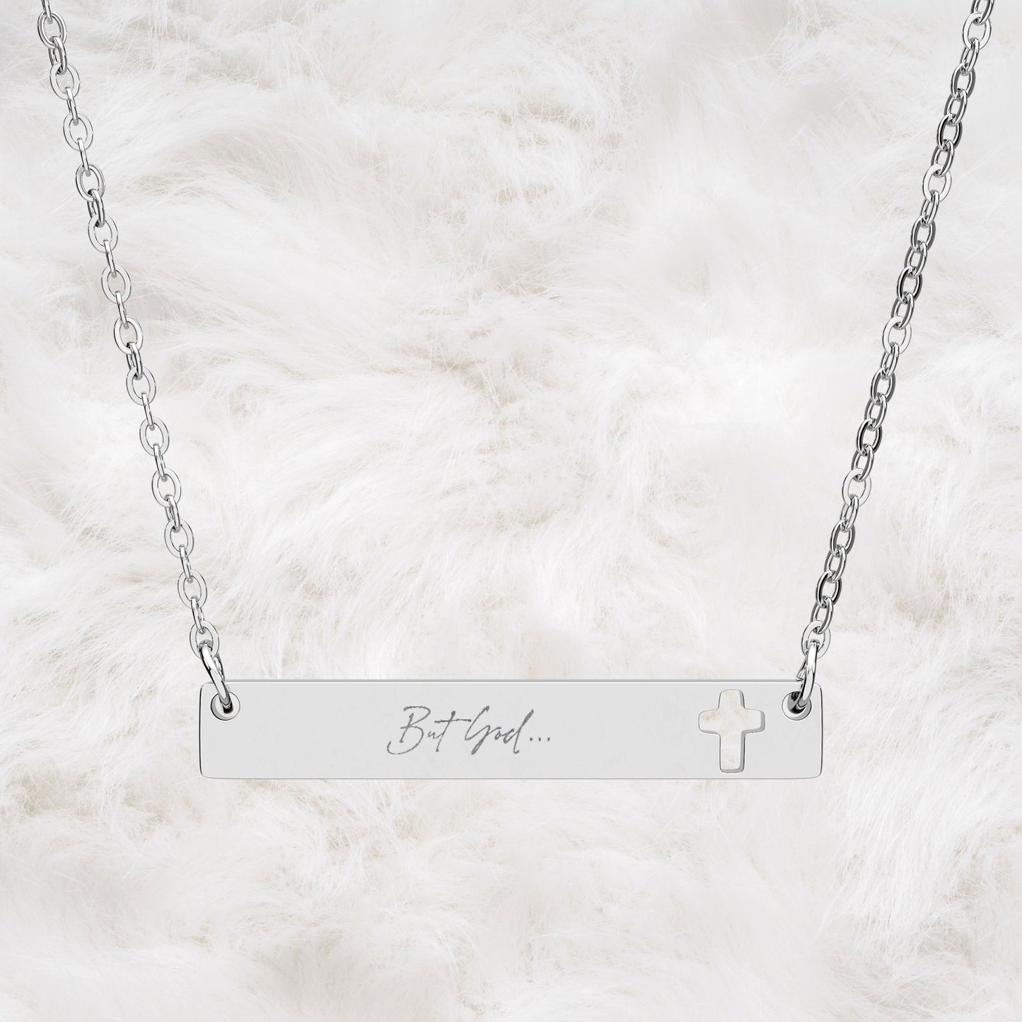 But God... Engraved Cutout Cross Bar Necklace. Christian Faith Inspired Gift