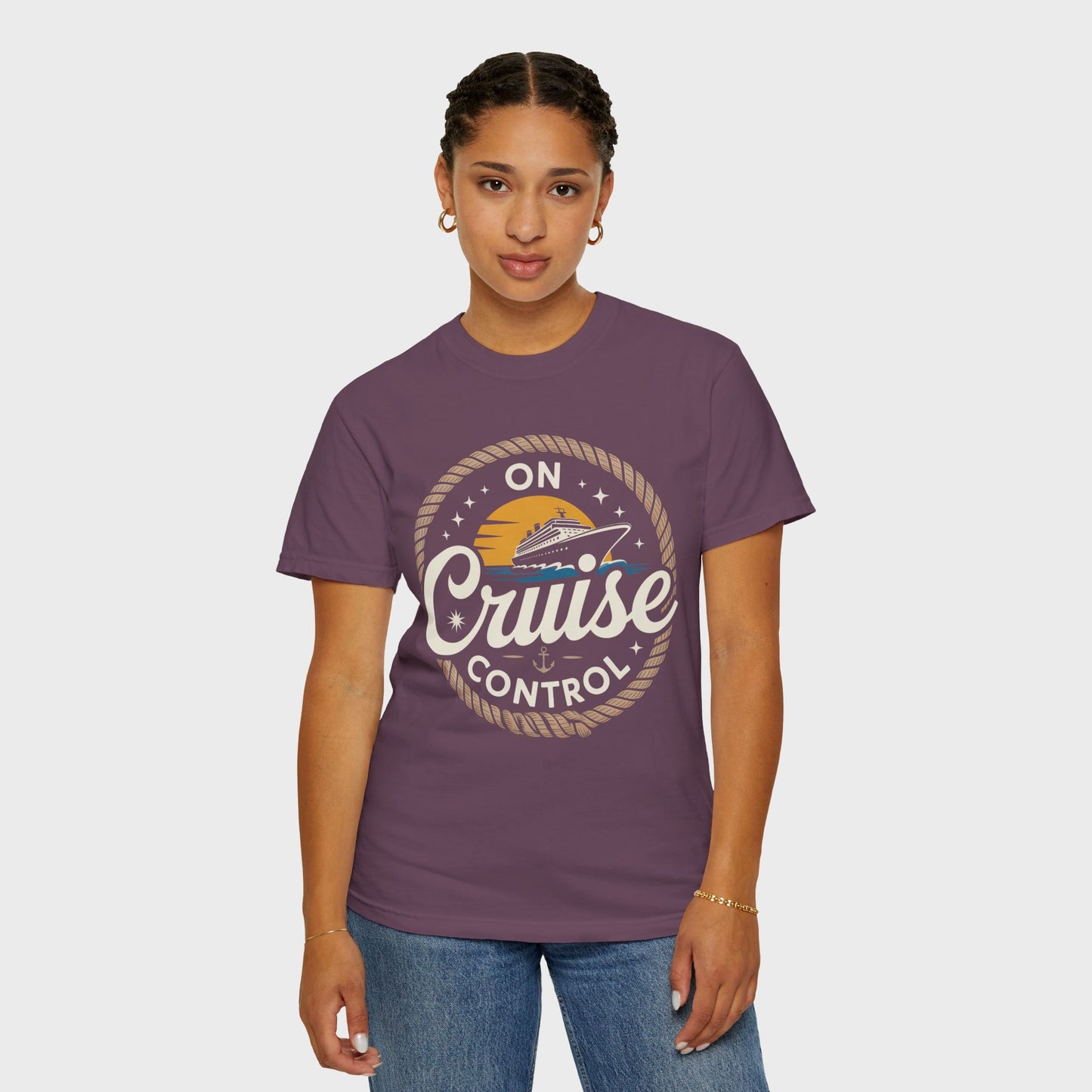 On Cruise Control T-Shirt | Nautical Rope Sunset Graphic Travel Vacation Tee