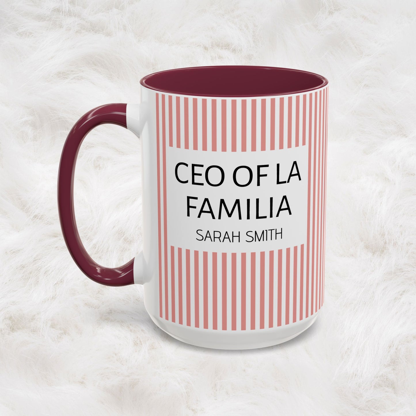 Personalized Name Pink Striped Coffee Tea Mug | Meaningful CEO of La Familia Gift for Mom, Wife, Women