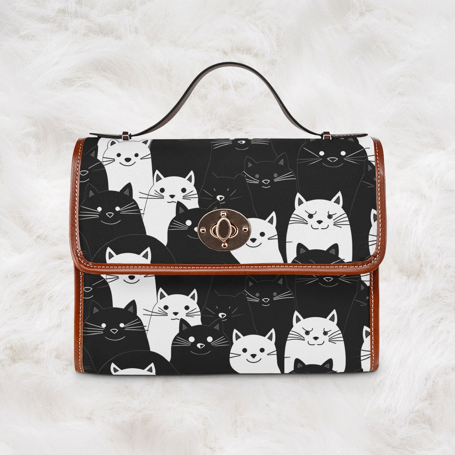 Cute Black & White Cat Pattern Waterproof Canvas Tote Crossbody Shoulder Handbag