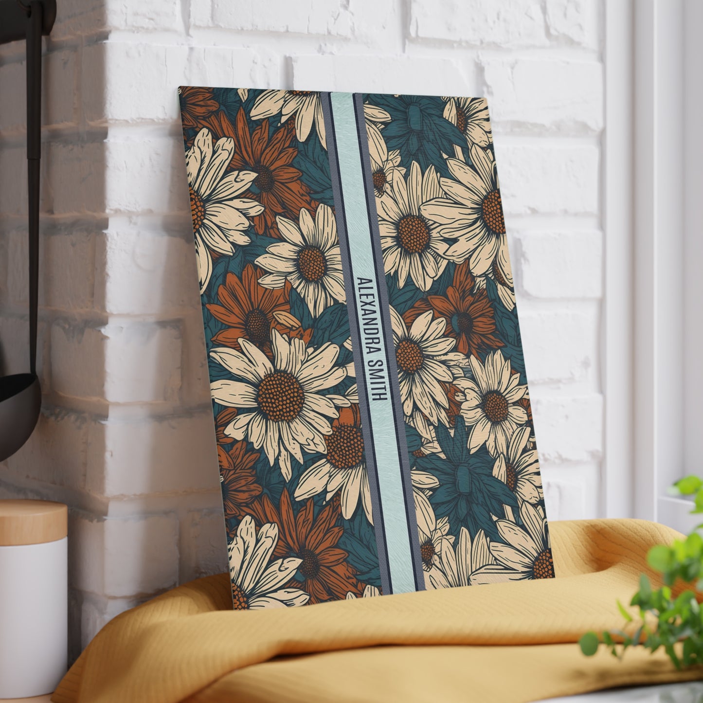 Personalized Name Text Daisy Floral Luxury Vintage Toile De Jouy French Pattern Glass Cutting Board