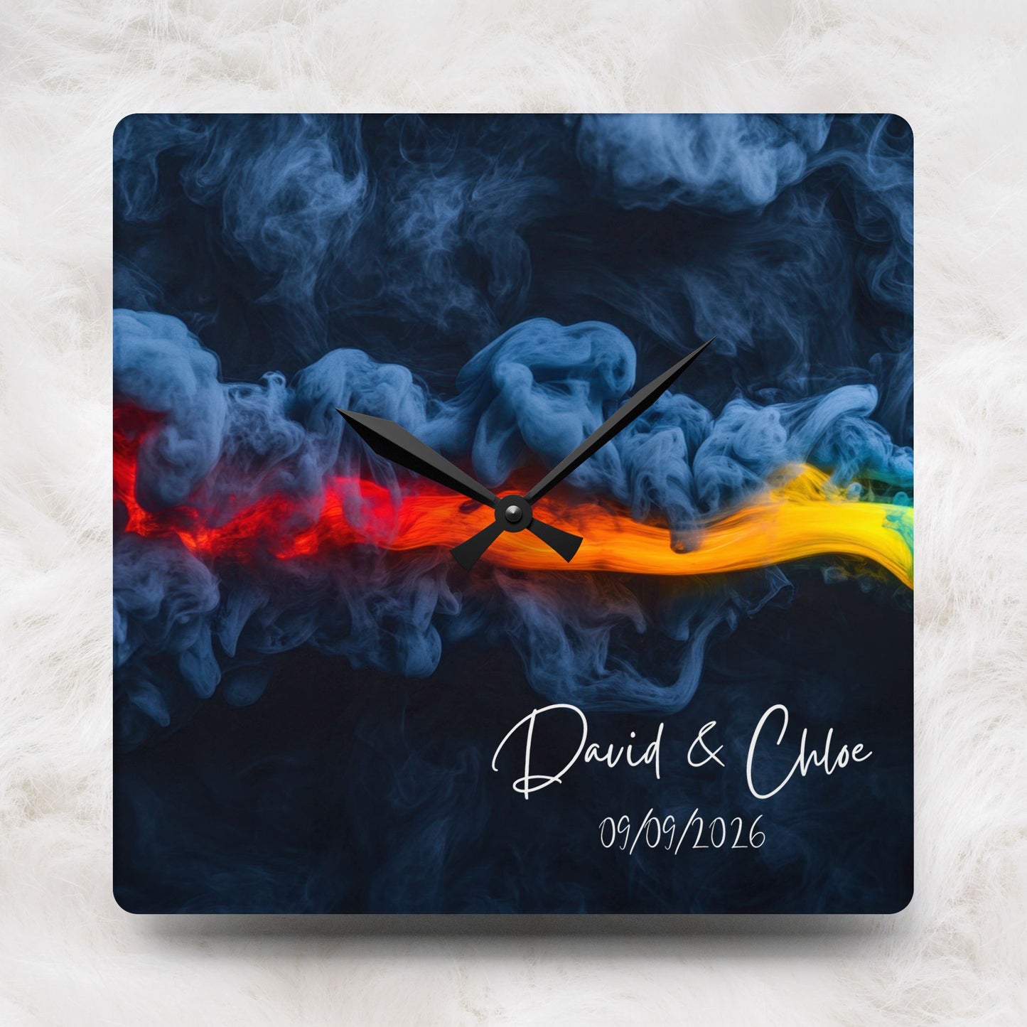 Personalized Custom Name & Date Rainbow Smoke Acrylic Wall Clock | Wedding, Anniversary, New House, Kitchen Decor Souvenir Gift