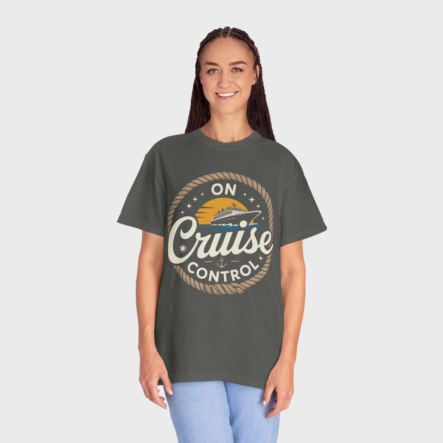 On Cruise Control T-Shirt | Nautical Rope Sunset Graphic Travel Vacation Tee