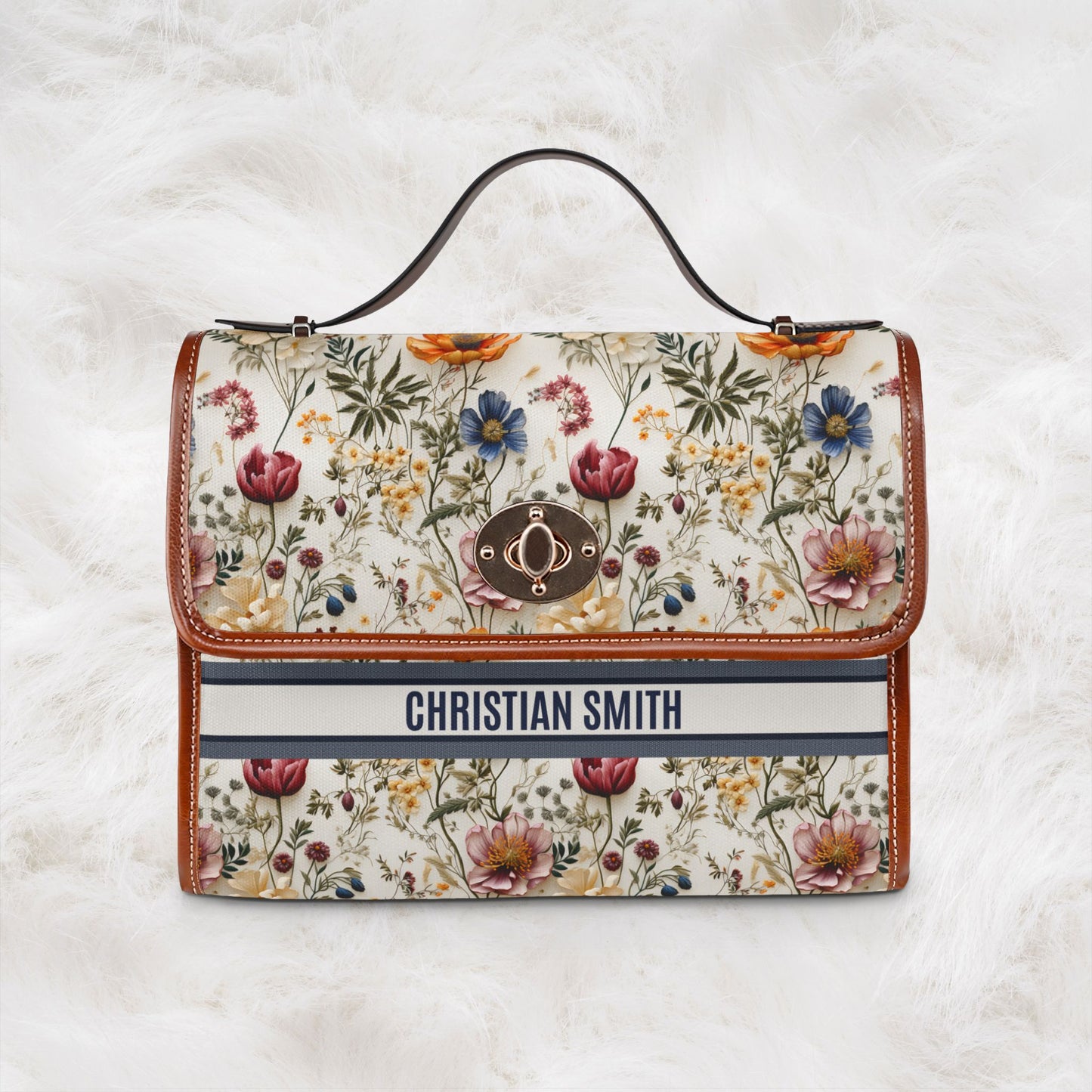 Personalized Name Waterproof Canvas Bag | Floral Flower Pattern Crossbody Shoulder Tote Handbag