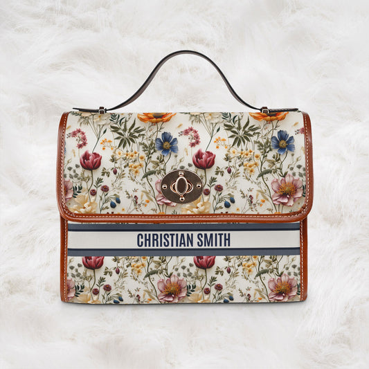 Personalized Name Waterproof Canvas Bag | Floral Flower Pattern Crossbody Shoulder Tote Handbag