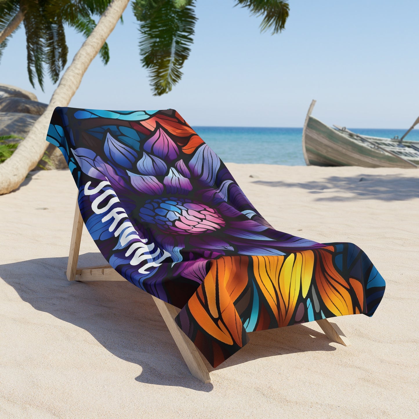 Personalized Name Colorful Floral Flower  Beach Towel | Birthday Anniversary Gift Idea Travel Vacation Summer Pool Bath