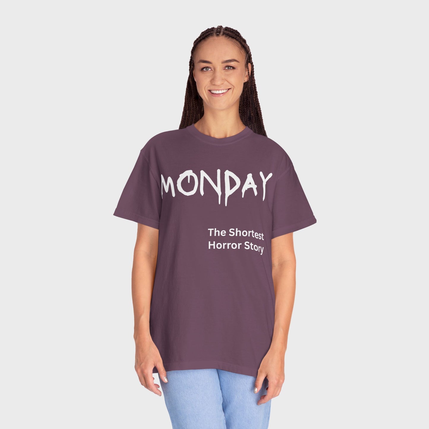 Monday The Shortest Horror Story Garment-dyed Cotton T-Shirt | Birthday Christmas Funny Work Meme Gift Idea