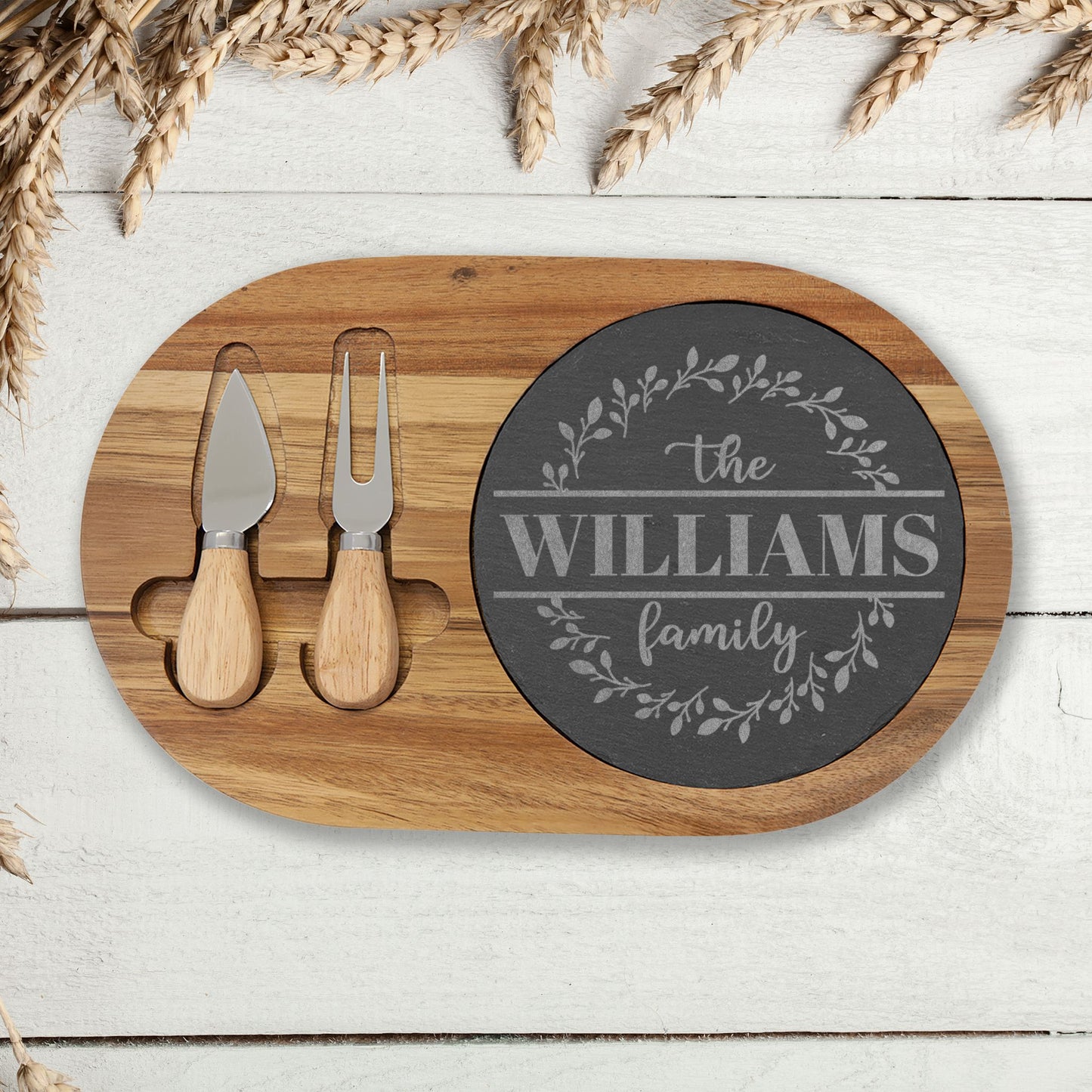 Personalized Engraved Charcuterie Board with Slate Insert — Custom Family Name Gift Idea