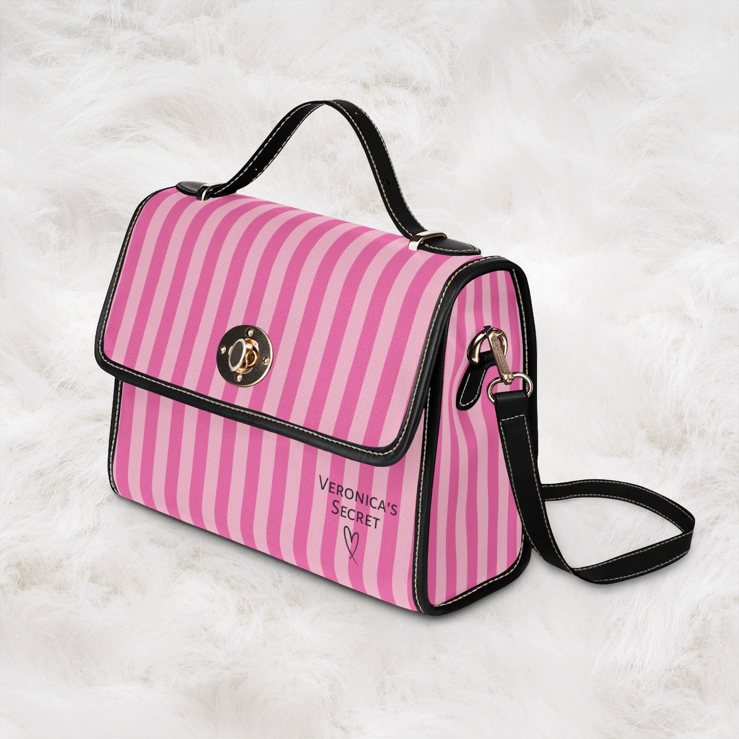 Personalized Name Waterproof Canvas Bag | Pink Stripe Crossbody Shoulder Tote Handbag