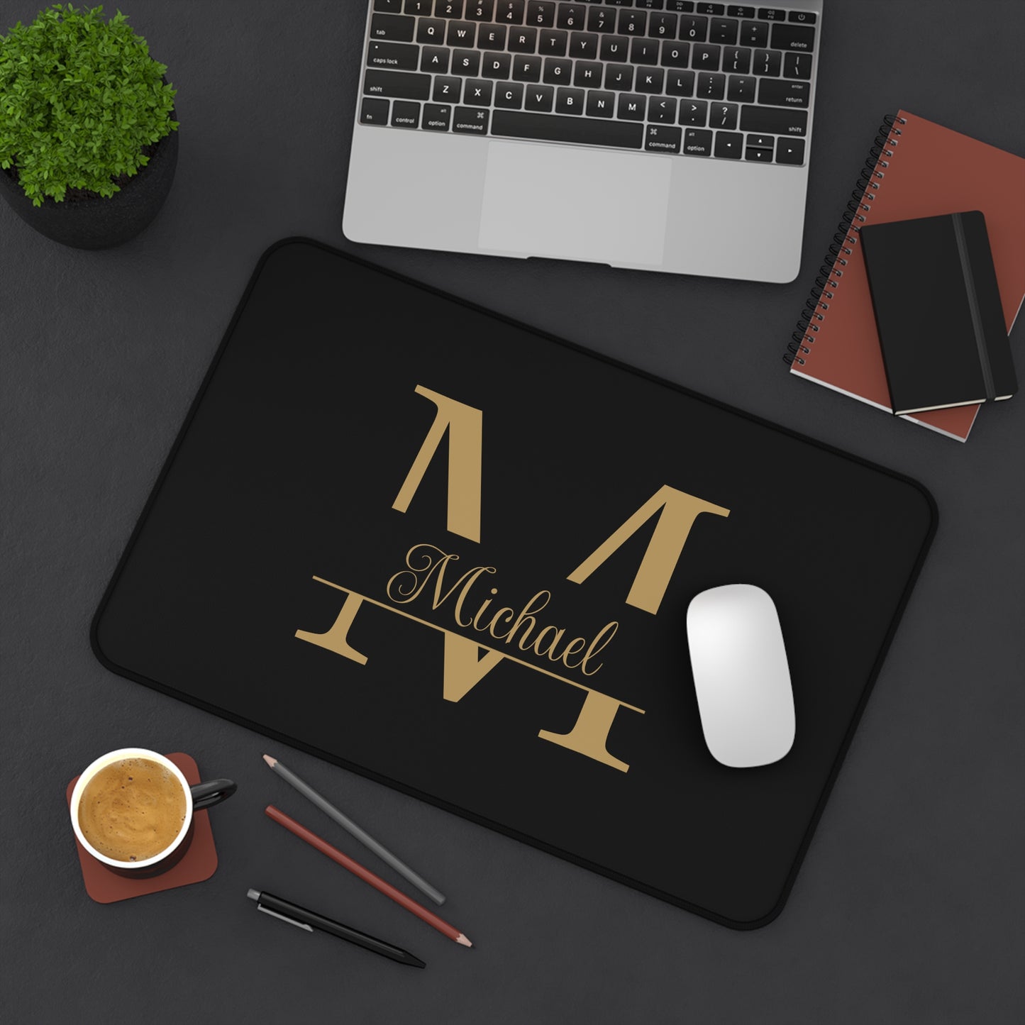 Personalized Monogram Name Black Gold Theme Desk Mat