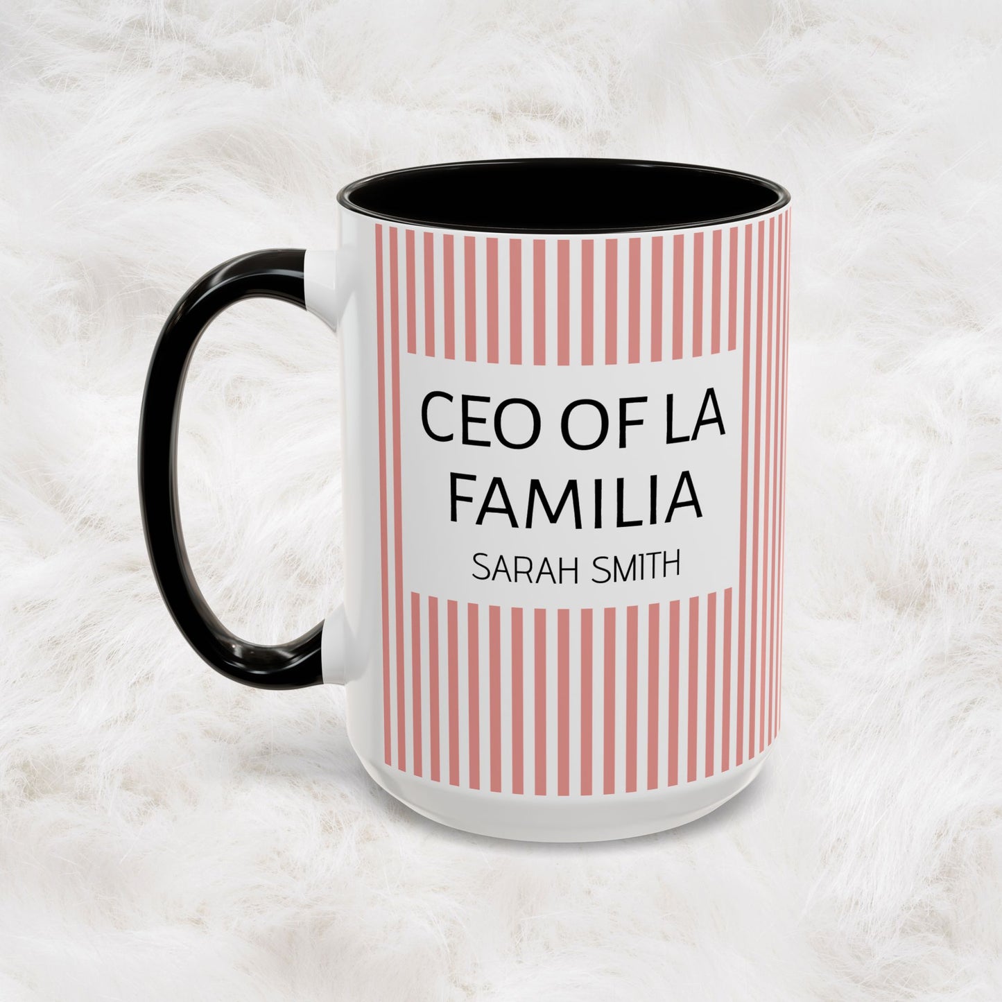 Personalized Name Pink Striped Coffee Tea Mug | Meaningful CEO of La Familia Gift for Mom, Wife, Women