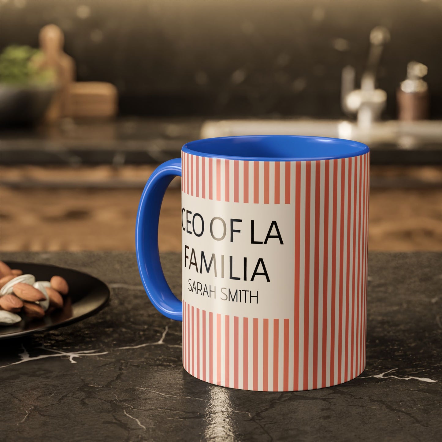 Personalized Name Pink Striped Coffee Tea Mug | Meaningful CEO of La Familia Gift for Mom, Wife, Women