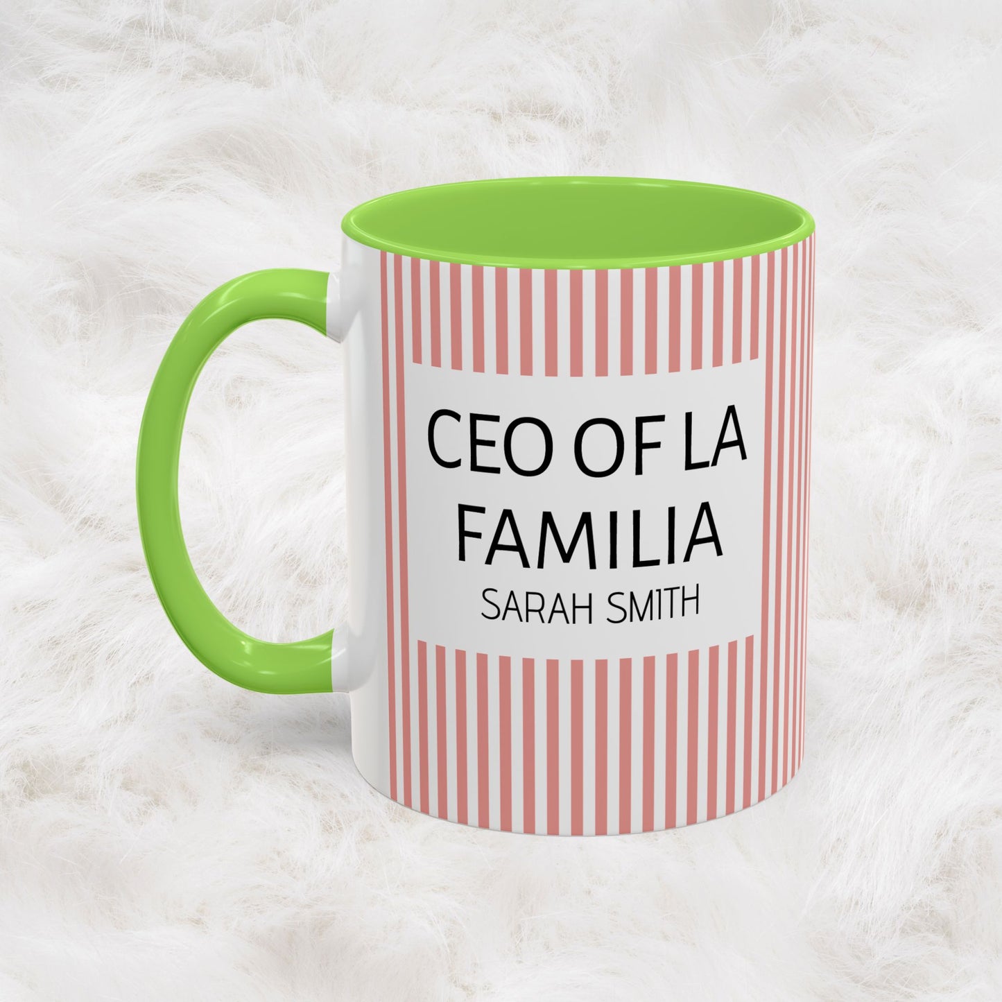 Personalized Name Pink Striped Coffee Tea Mug | Meaningful CEO of La Familia Gift for Mom, Wife, Women
