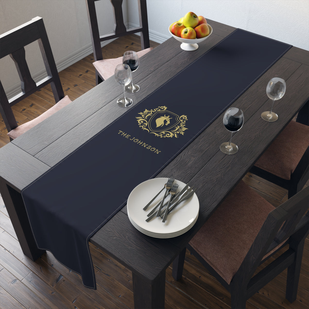 Personalized Family Name Luxury Royal Navy Gold Home DecorTable Runner