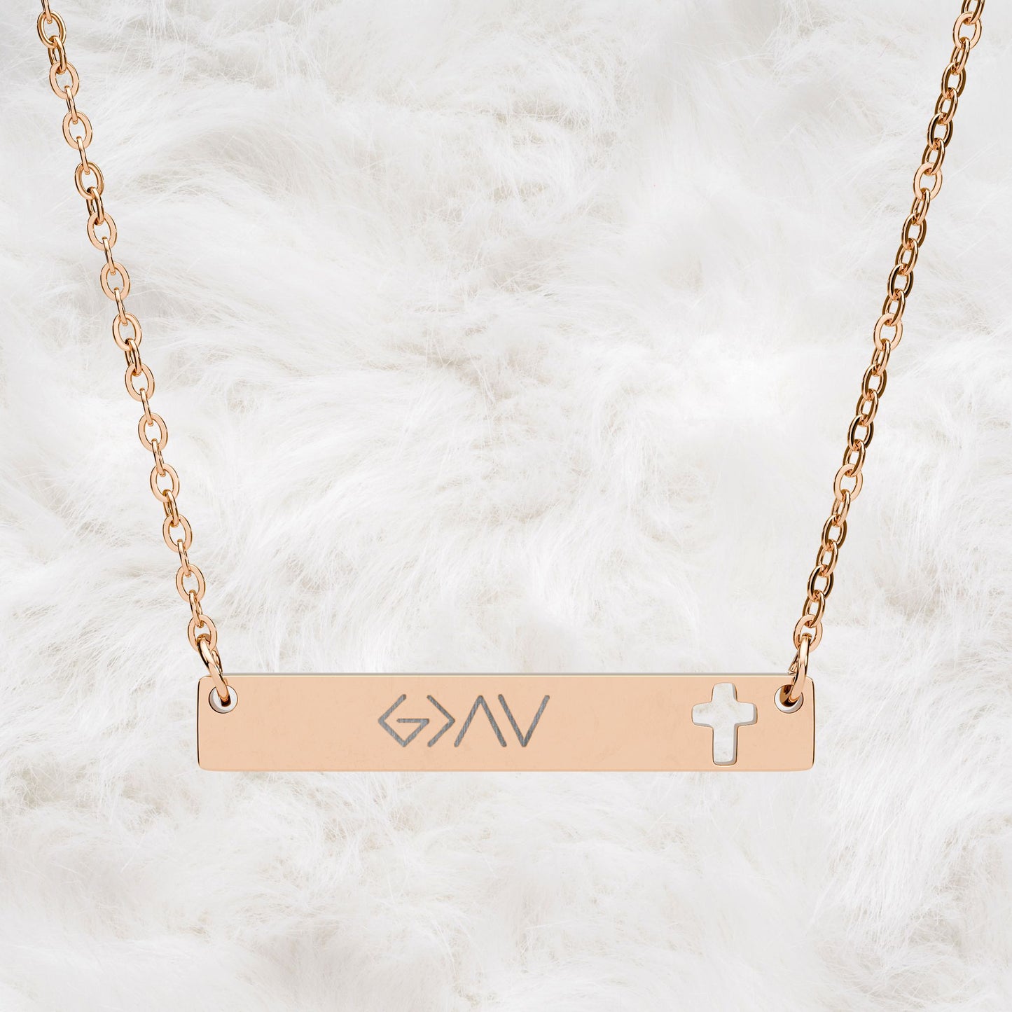 God Is Greater Than High And Low Engraved Cutout Cross Bar Necklace. Christian Faith Inspired Gift