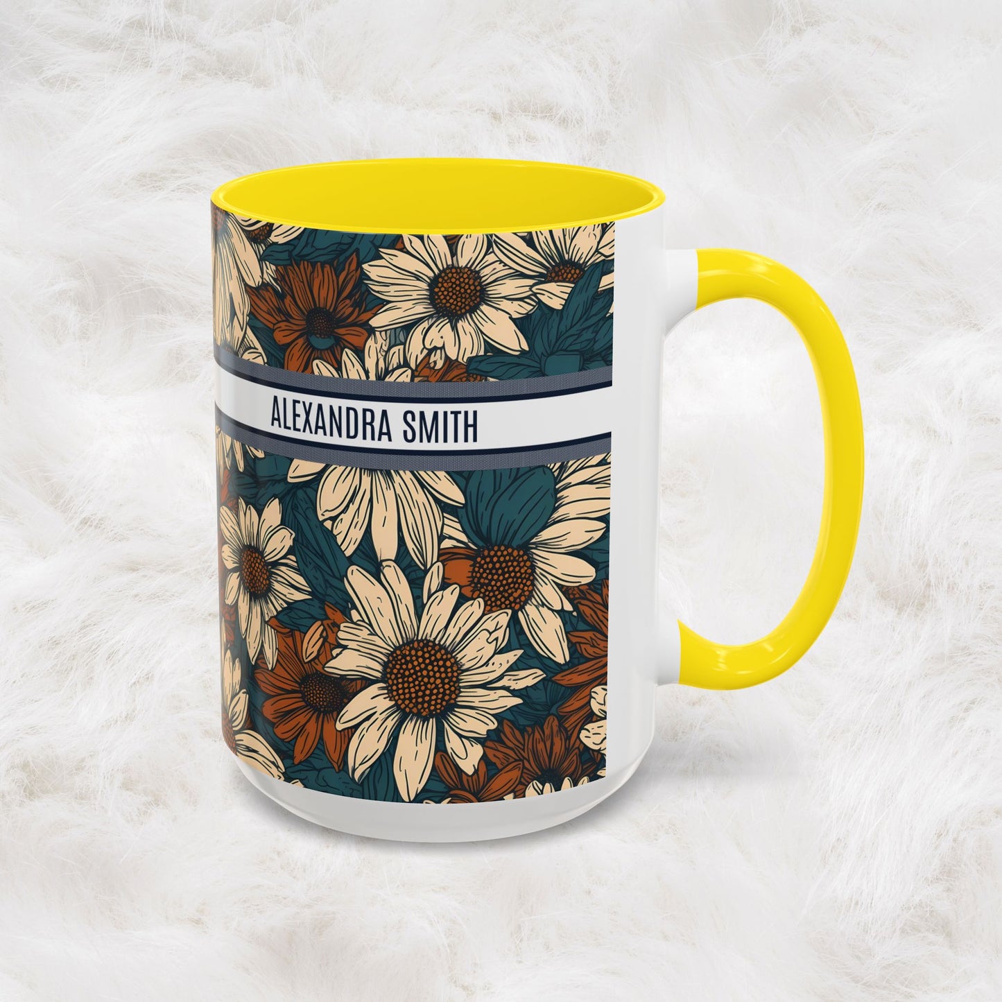 Personalized Name Text Daisy Floral Luxury Vintage Toile De Jouy French Pattern Accent Coffee Tea Mug