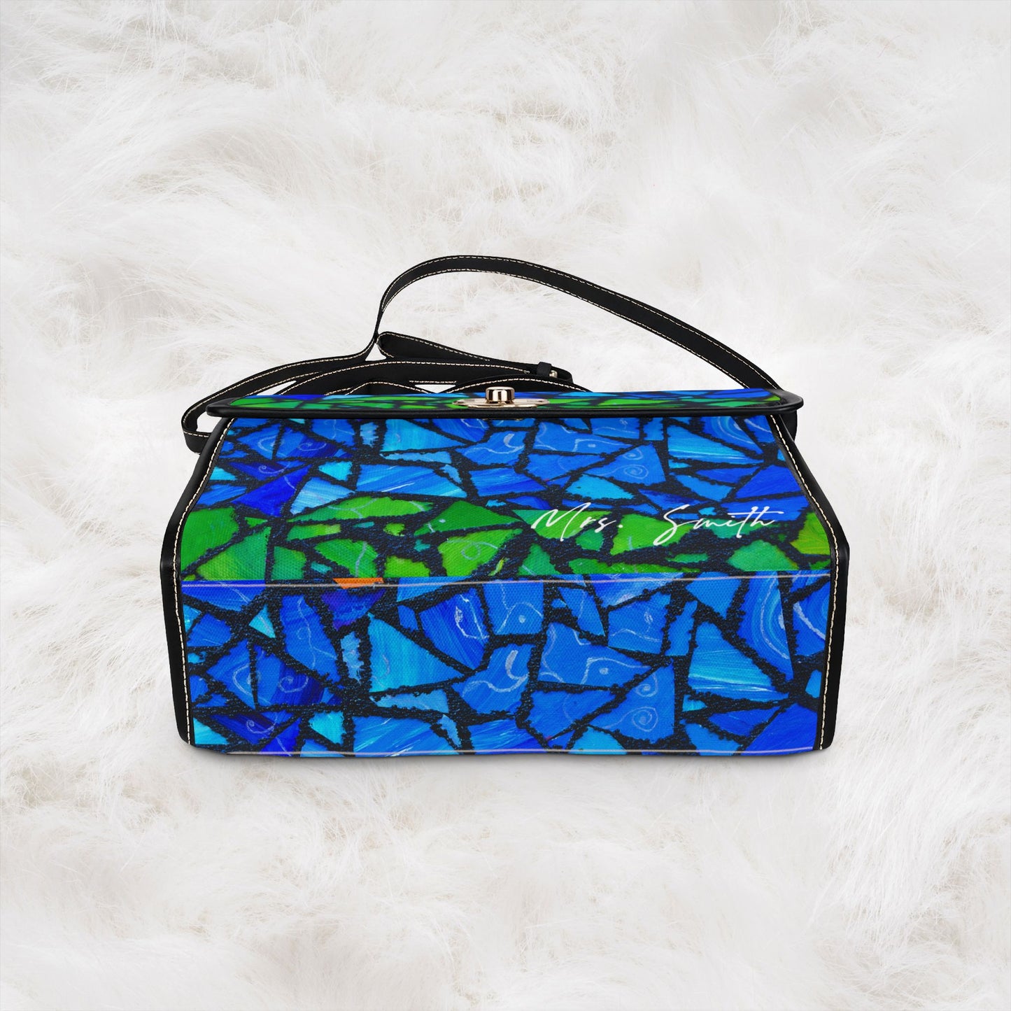 Personalized Name Waterproof Canvas Bag | Blue Green Mosaic Pattern Shoulder Tote Handbag
