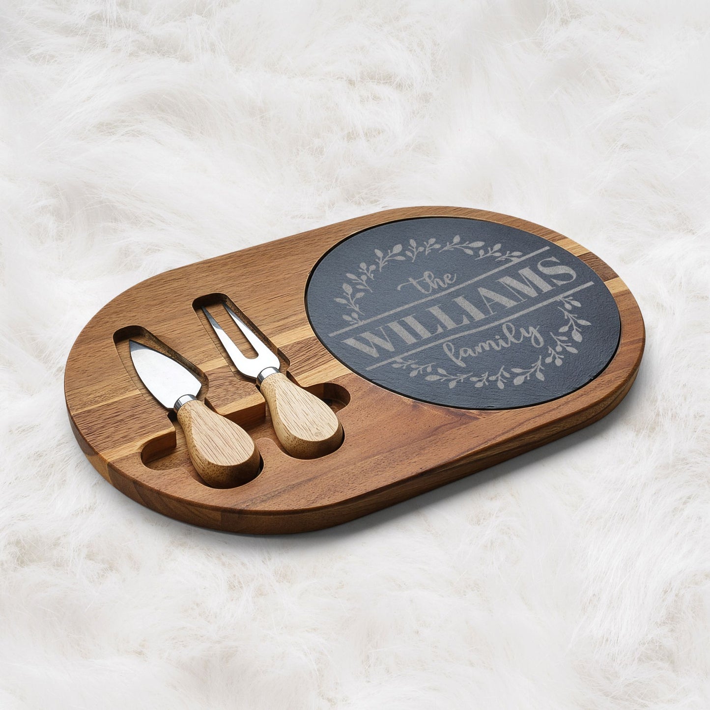 Personalized Engraved Charcuterie Board with Slate Insert — Custom Family Name Gift Idea
