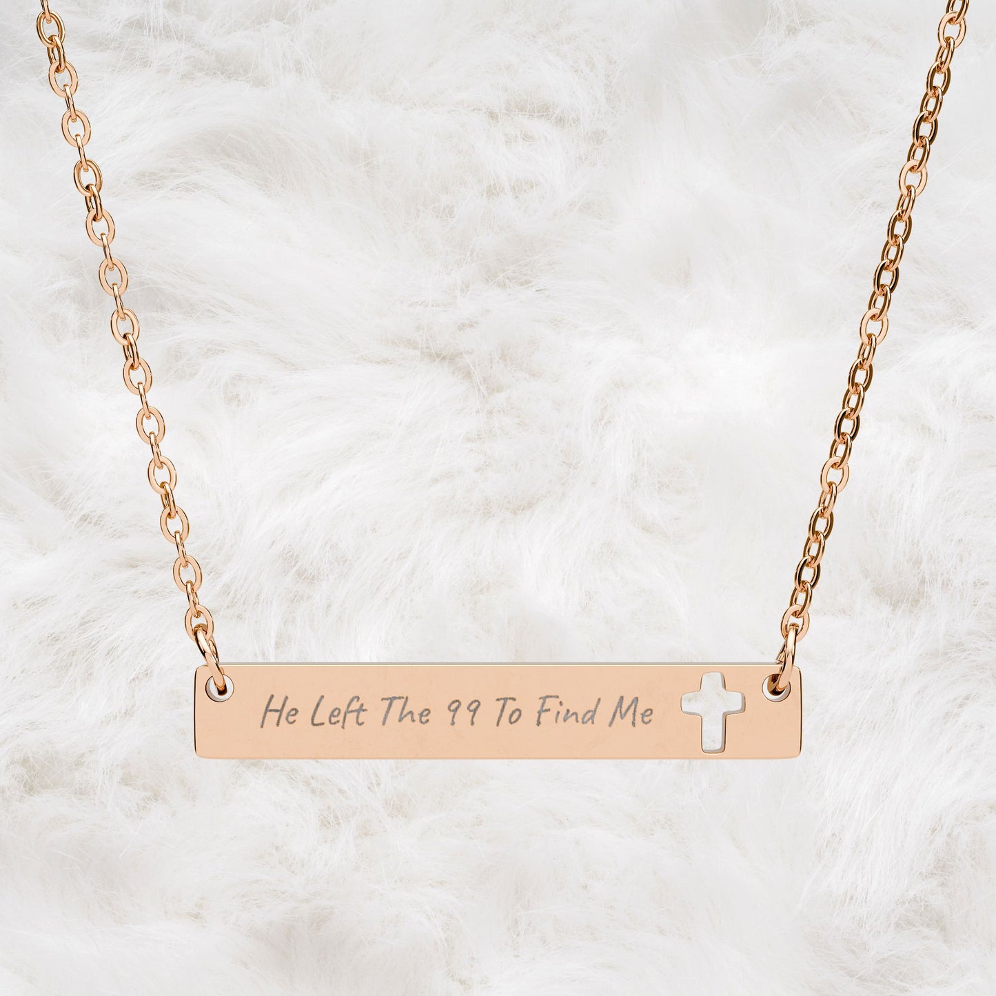 He Left The 99 To Find Me Engraved Cutout Cross Bar Necklace. Christian Faith Inspired Gift