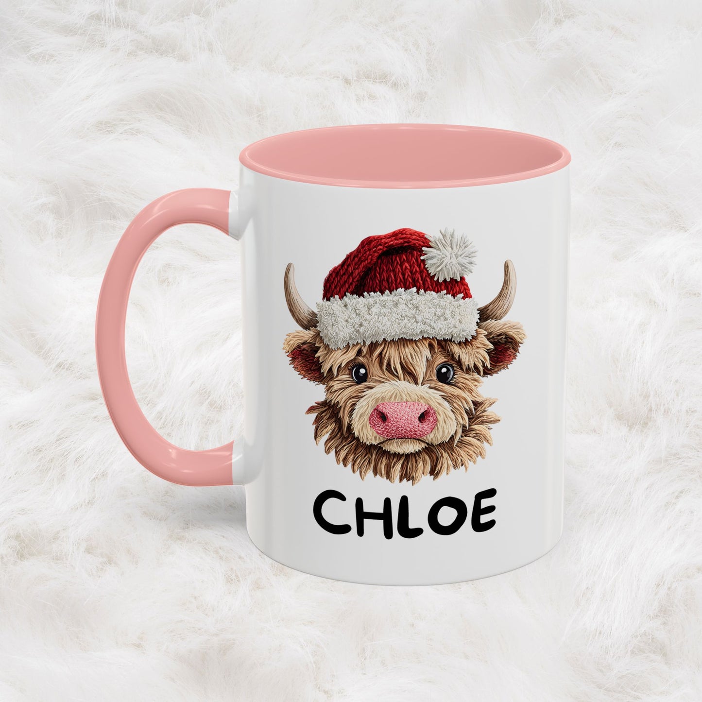 Personalized Name Cute Printed Crochet Yarn Christmas Highland Cow Mug | Hunting Holiday Gift