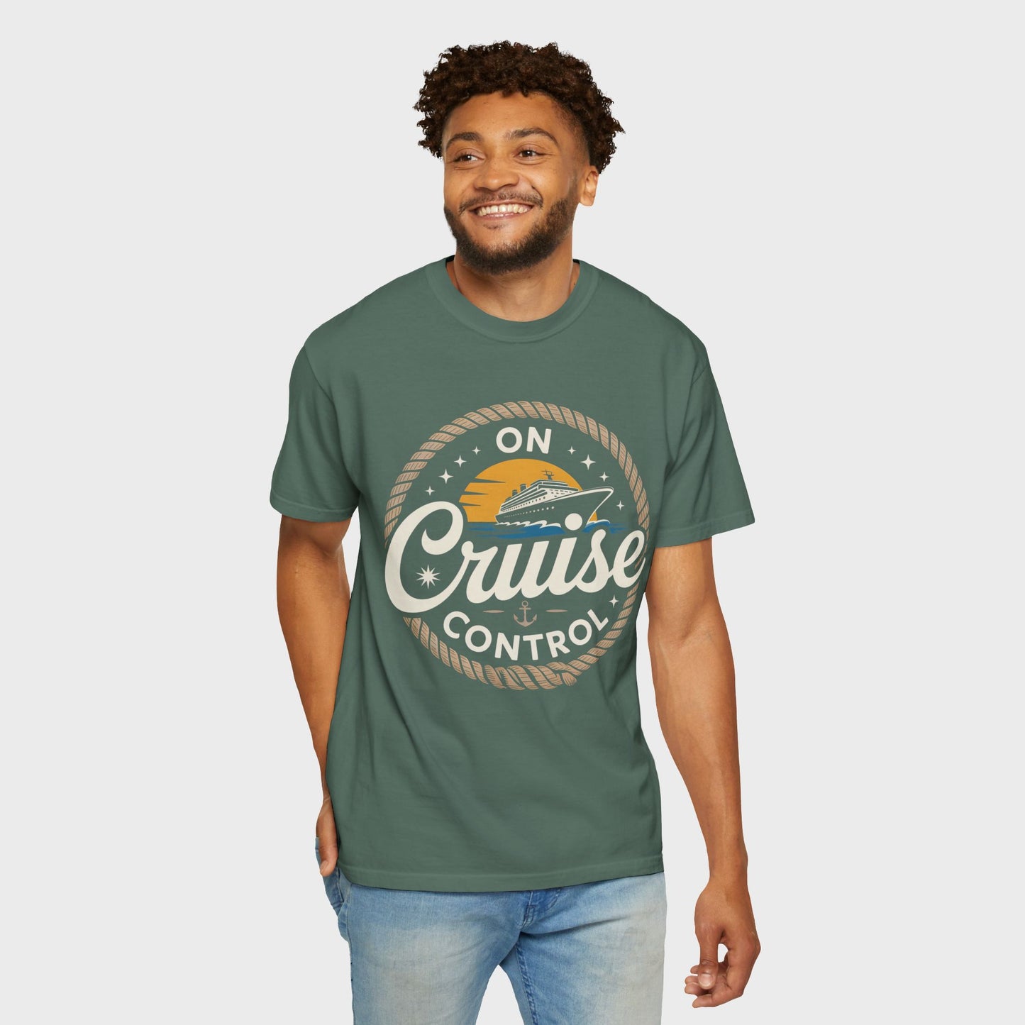 On Cruise Control T-Shirt | Nautical Rope Sunset Graphic Travel Vacation Tee