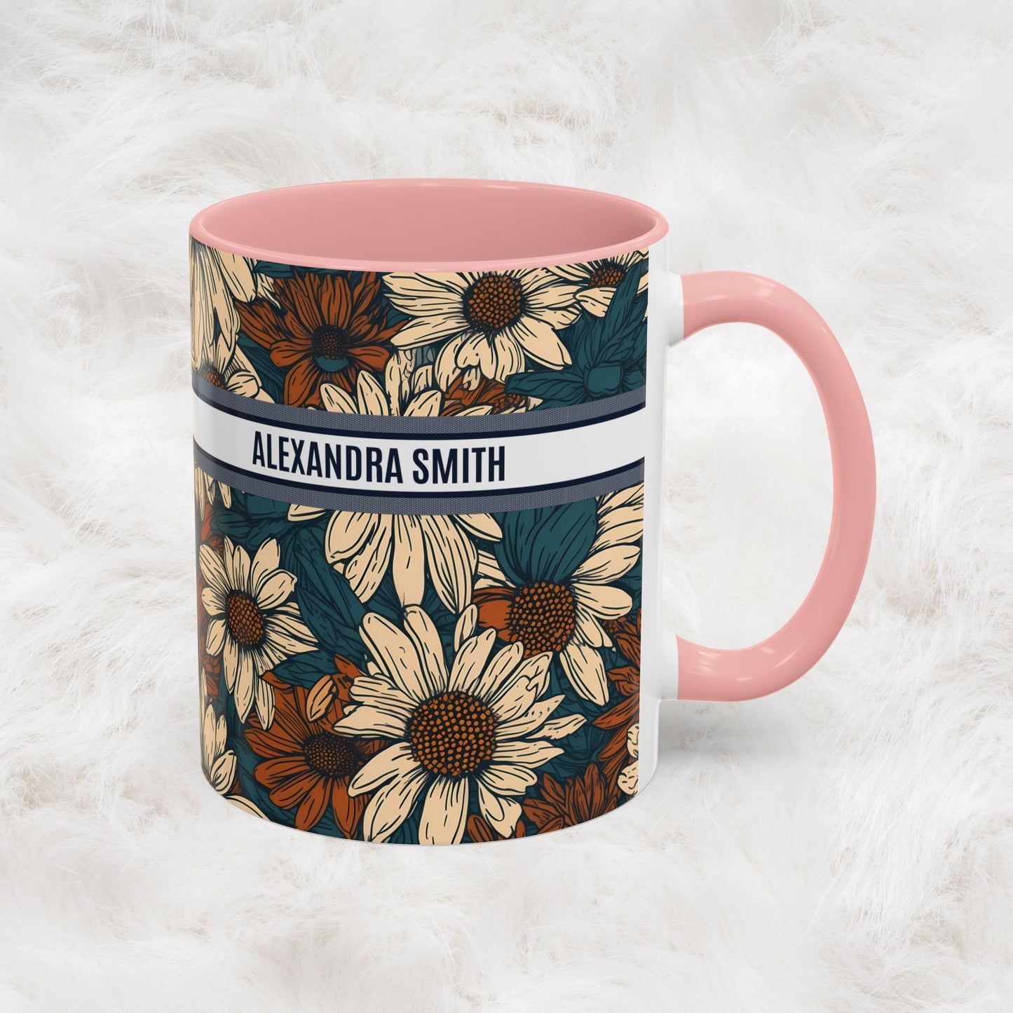 Personalized Name Text Daisy Floral Luxury Vintage Toile De Jouy French Pattern Accent Coffee Tea Mug