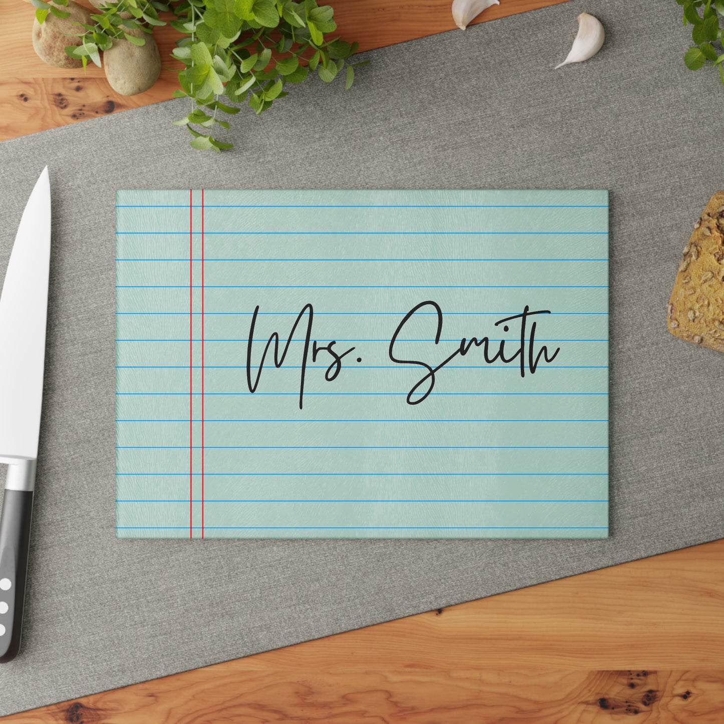 Personalized Name College Ruled Lined Glass Cutting Board | College Student Teacher Souvenir Home Decor Gift Idea