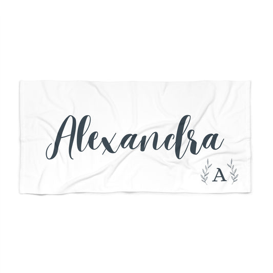 Personalized Script Name  and Initial Wreath Name  Beach Towel | Summer Pool Birthday Christmas Vacation Gift