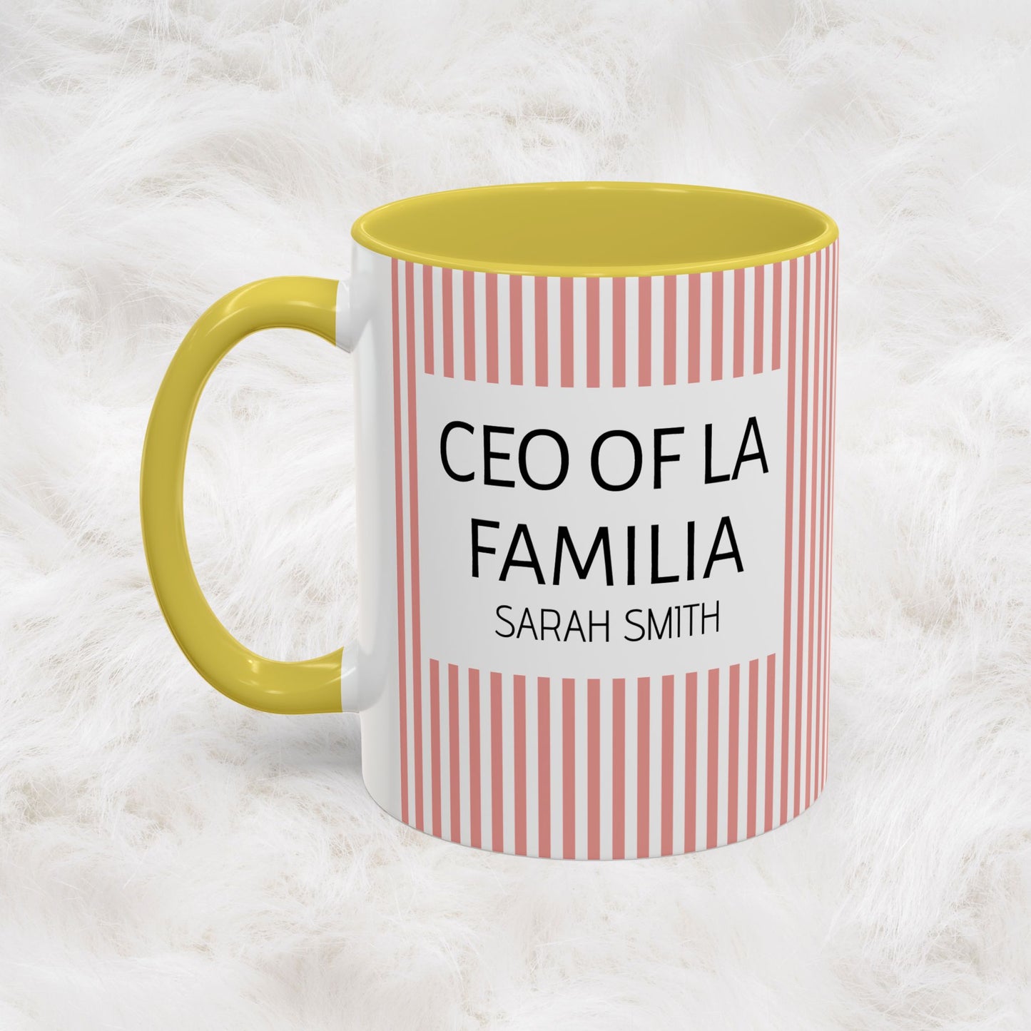 Personalized Name Pink Striped Coffee Tea Mug | Meaningful CEO of La Familia Gift for Mom, Wife, Women