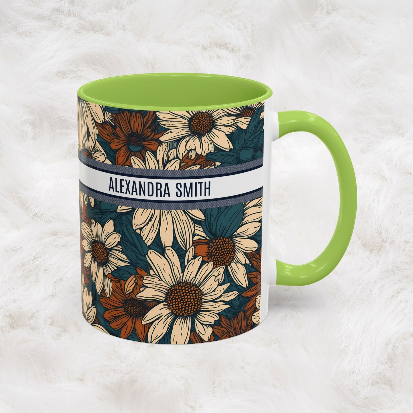 Personalized Name Text Daisy Floral Luxury Vintage Toile De Jouy French Pattern Accent Coffee Tea Mug
