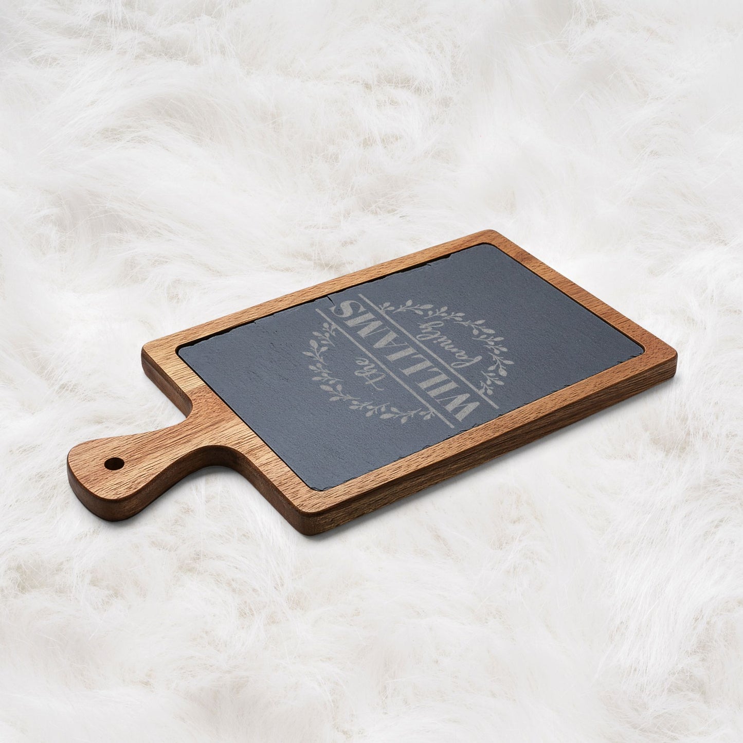 Personalized Engraved Charcuterie Board with Slate Insert — Custom Family Name Gift Idea