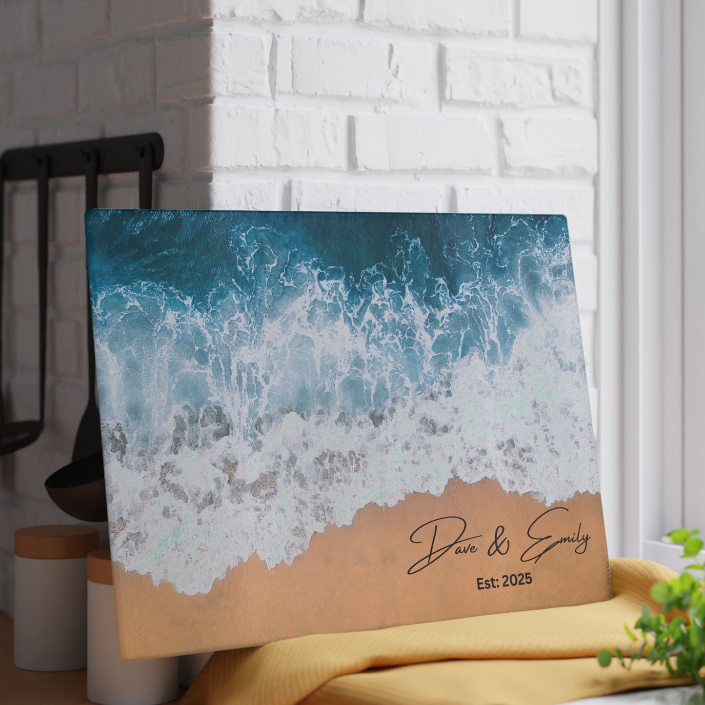 Personalized Ocean Beach Sand Glass Cutting Board Version 1 | Luxury Gift Ideas Home Kitchen Decor