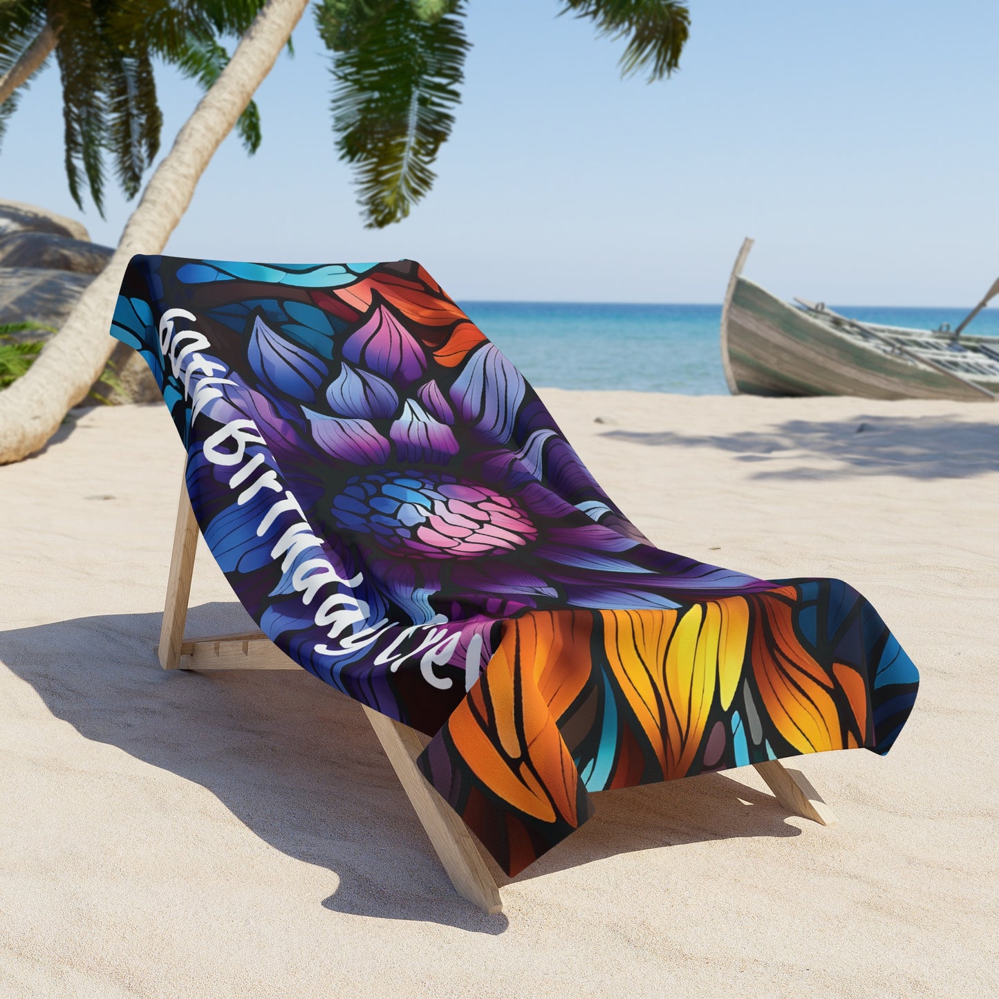 Personalized Name Colorful Floral Flower  Beach Towel | Birthday Anniversary Gift Idea Travel Vacation Summer Pool Bath