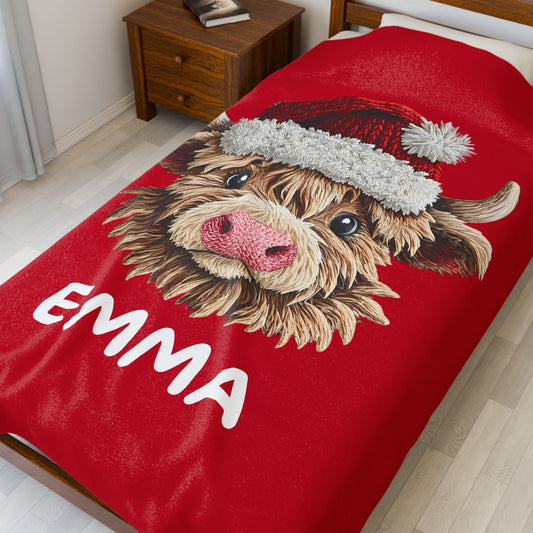 Personalized Name on Cute Highland Cow Velveteen Plush Blanket | Hunting Christmas Gift Ideas