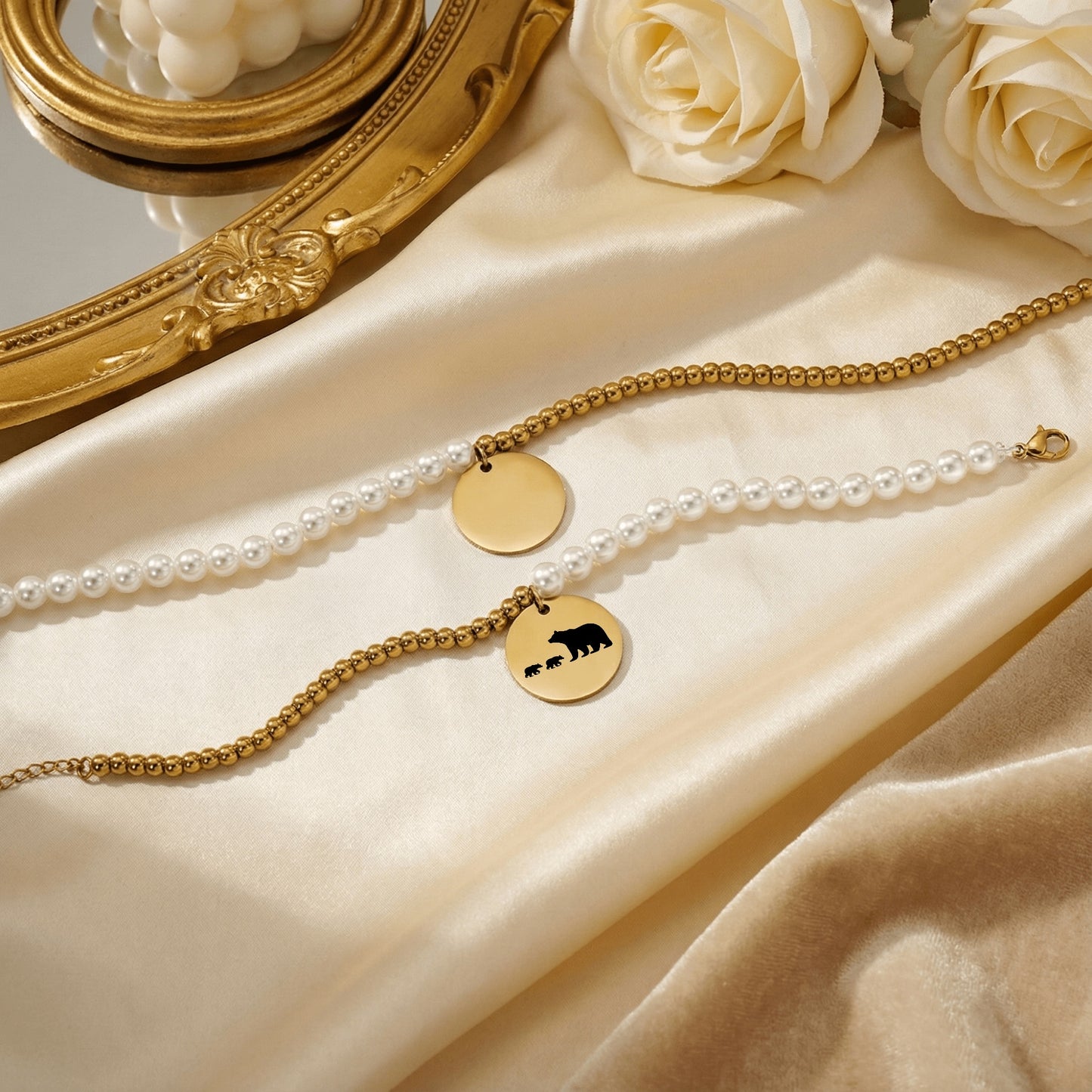 Personalized MAMA BEAR And CUBS Premium Pearl & Gold Coin Bracelet | Gift for Her | Birthday Mother's Day
