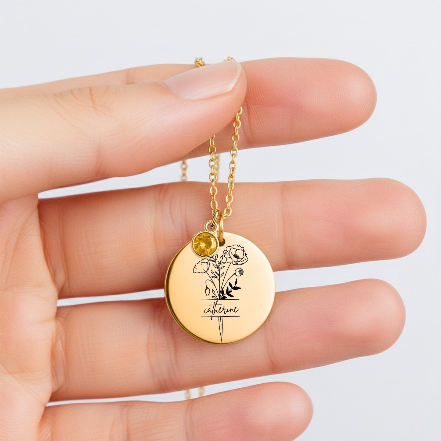 Personalized Name Engraved Floral Coin Necklace with Birthstone Poppy Flower Message Card | Hunting Birthday Christmas Gift Ideas