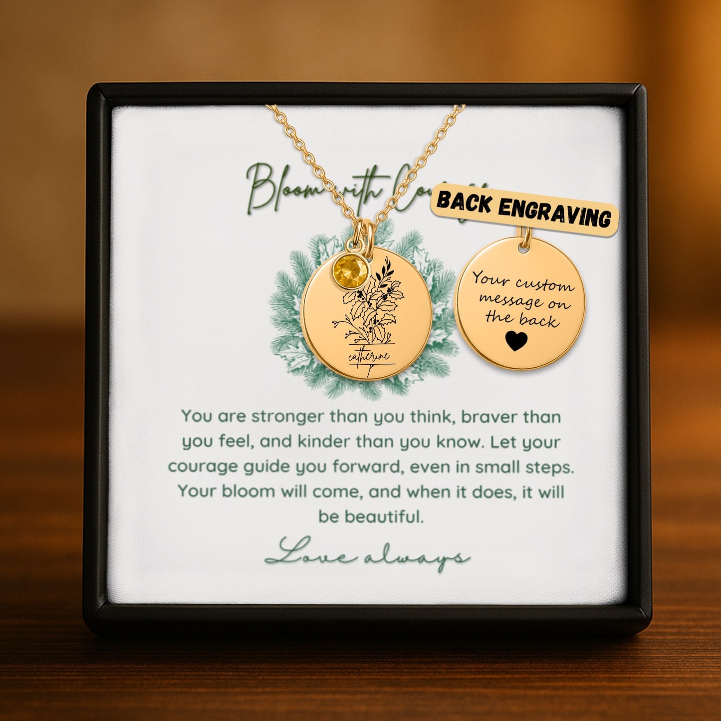 Personalized Name Engraved Floral Coin Necklace with Birthstone Holly & Berries Flower Message Card | Hunting Birthday Christmas Gift Ideas